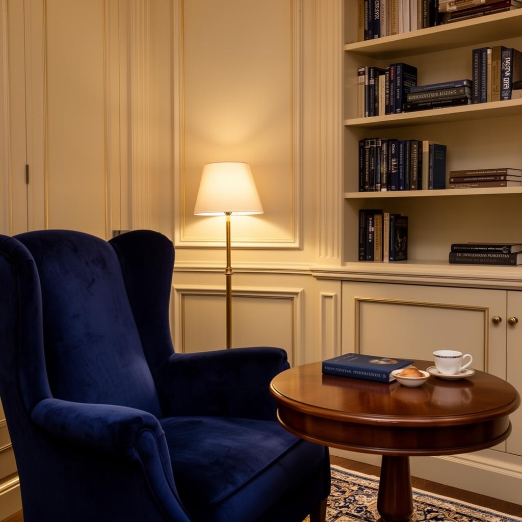 Intérieur élégant d'un cabinet privé avec fauteuil en velours bleu nuit