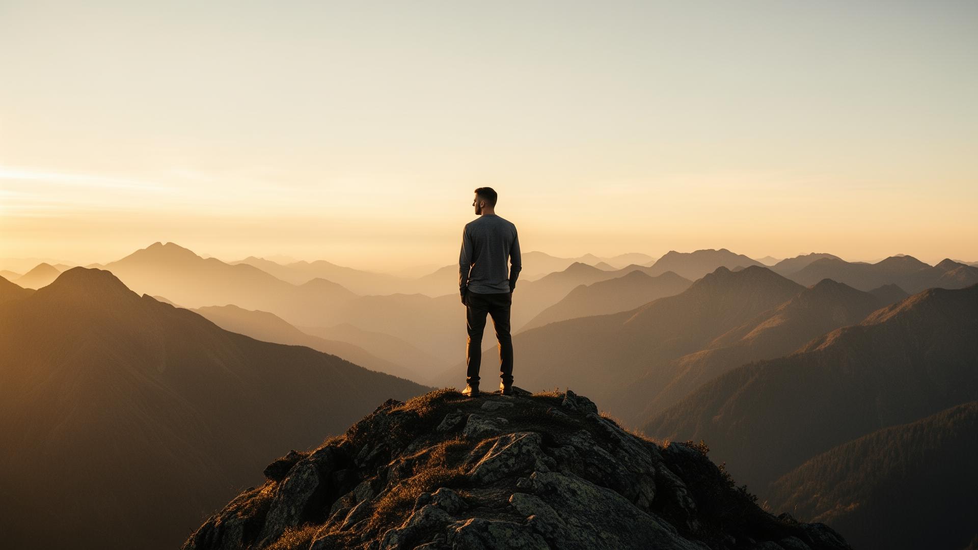 Homme contemplant un horizon de montagnes au lever du soleil